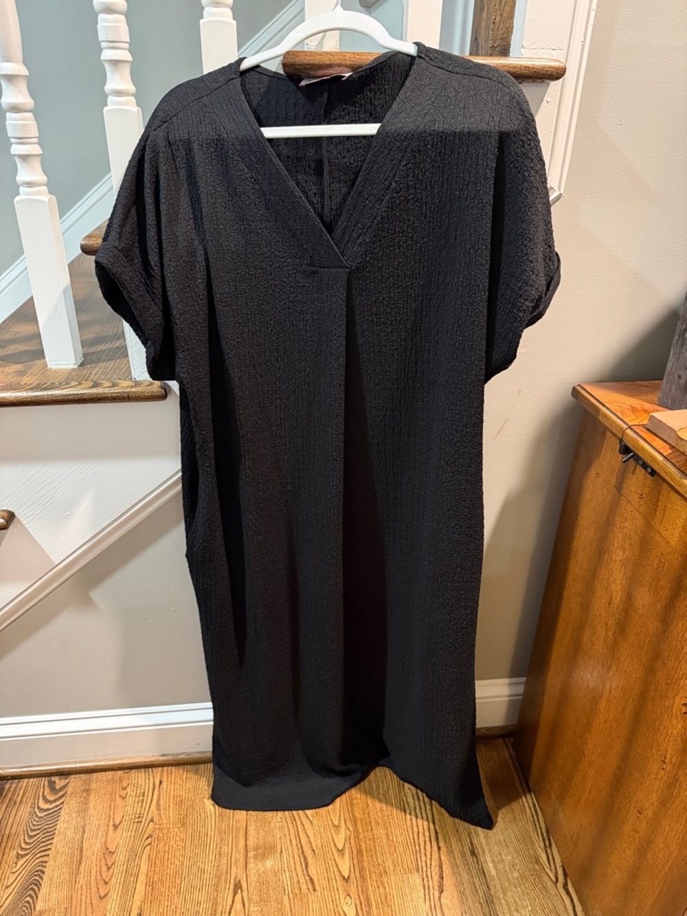 Black V-Neck Textured Shift Dress